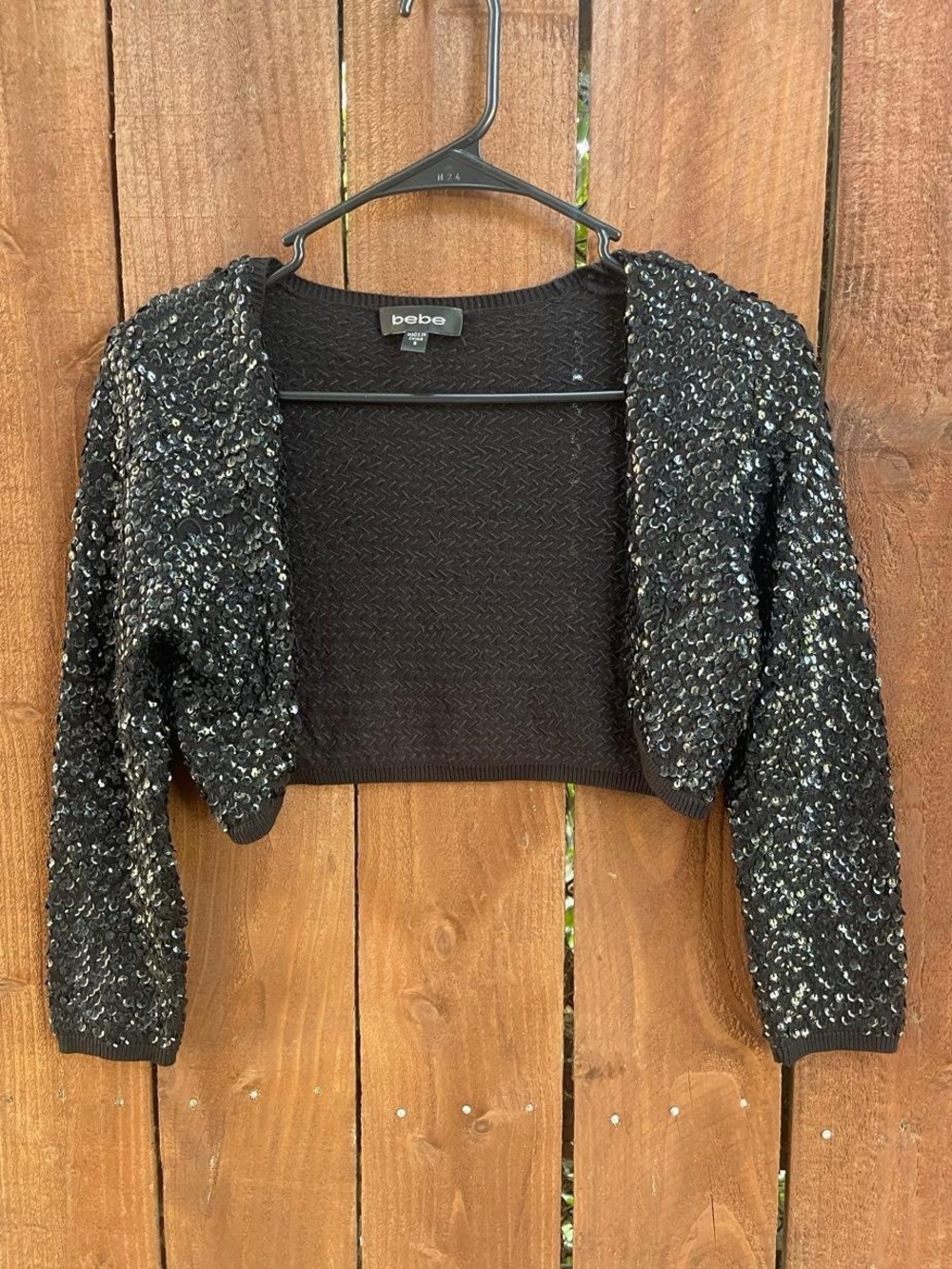 Vintage Bebe Black Cropped Sequin Shrug Bolero Silk Cotton Glam Sz S